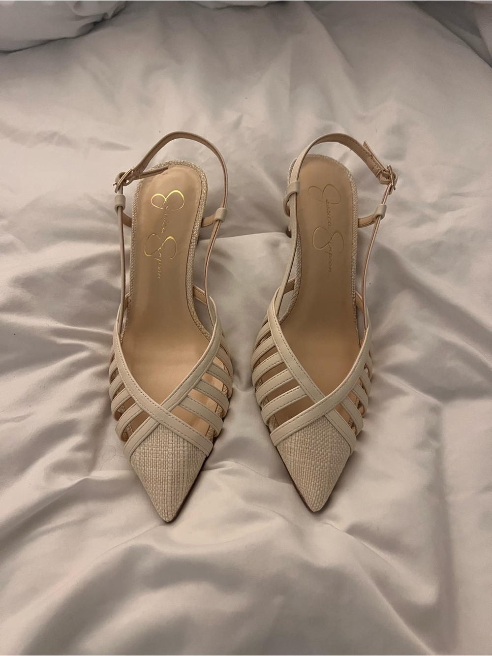 Jessica Simpson Cream Strappy Pointed-Toe Slingback Pumps